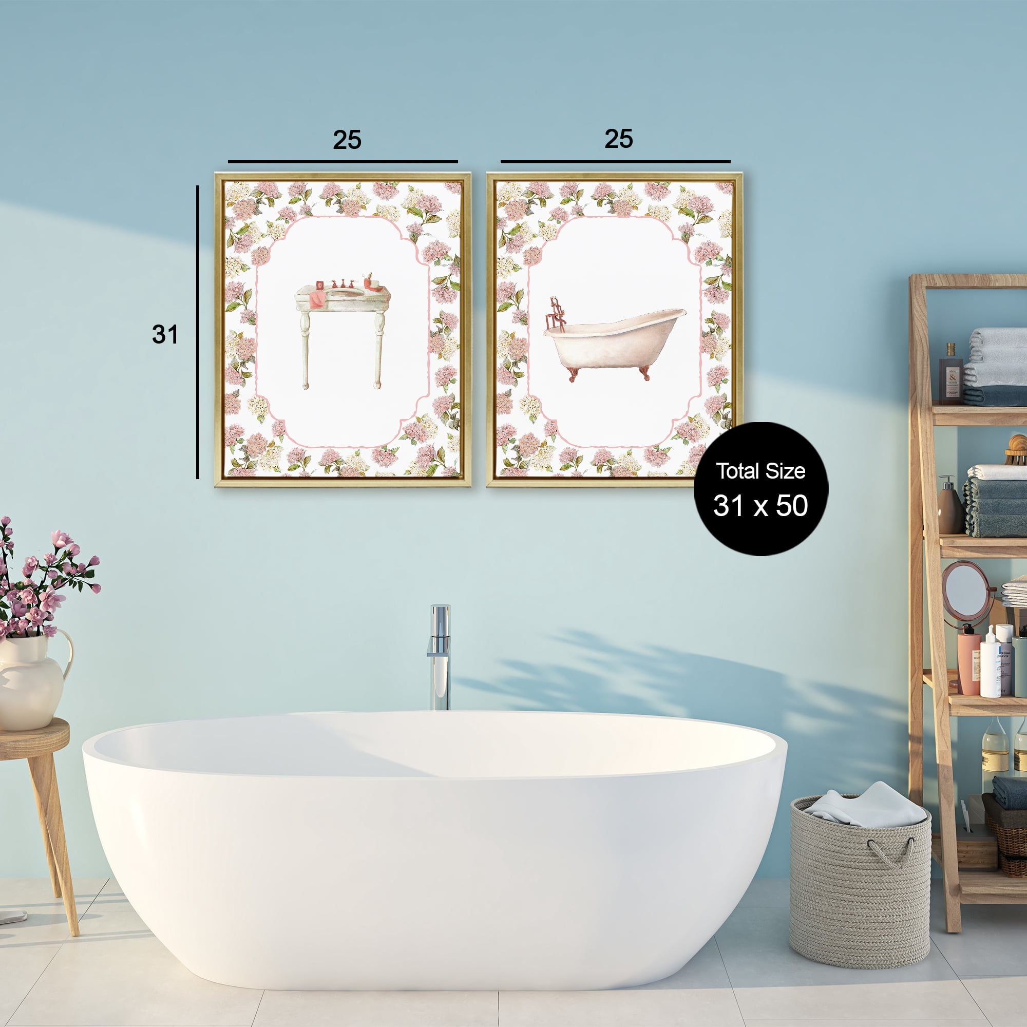 Stupell Industries Elegant Hydrangeas Bathroom 2 Piece Gold Framed Floater Canvas Set, design by Carol Robinson