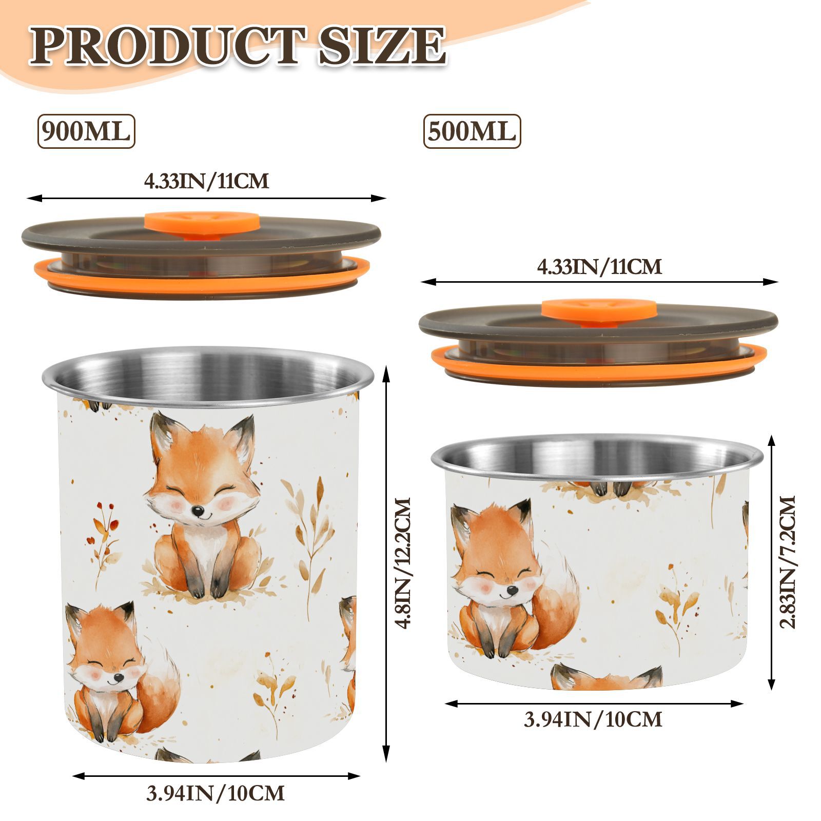 Cute Fox Watercolor Airtight Coffee Bean Canister 30oz Food Storage Containers with Lids For Gournd, Tea, Sugar, Flour, Rice, Cereal, Candy Cookie Jar
