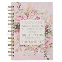 Christian Art Gifts Journal w/Scripture He Gives Me New Strength Psalm 23:3 Bible Verse, Pink Floral 192 Ruled Pages, Large Hardcover Notebook, Wire Bound