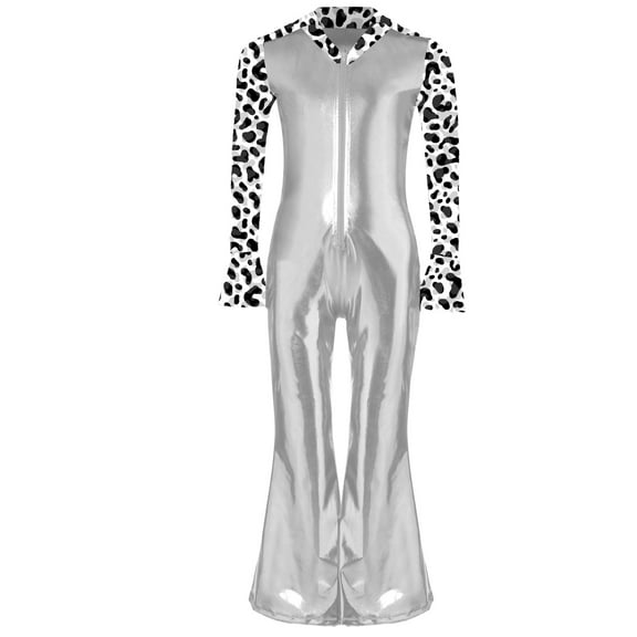 Ocealan Boys Vintage 70s Disco Jumpsuit Shiny Metallic Long Sleeve Zip Up Bell Bottom Dancewear Silver 14