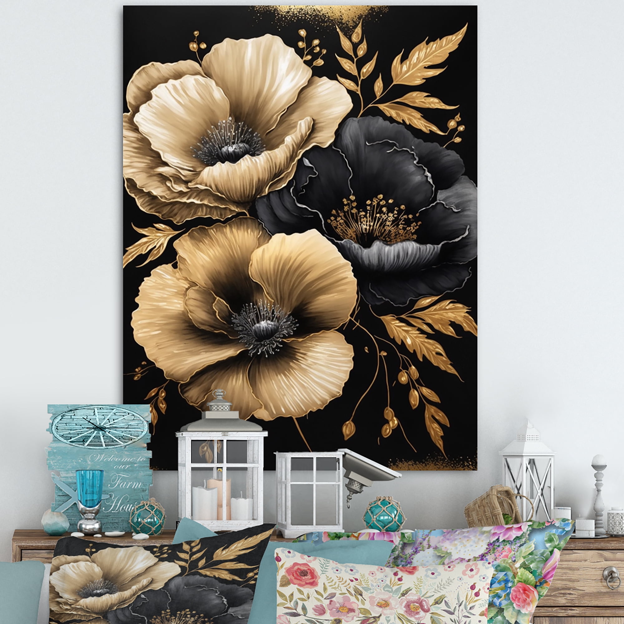Designart Black And Gold Hibiscus II Canvas Wall Art
