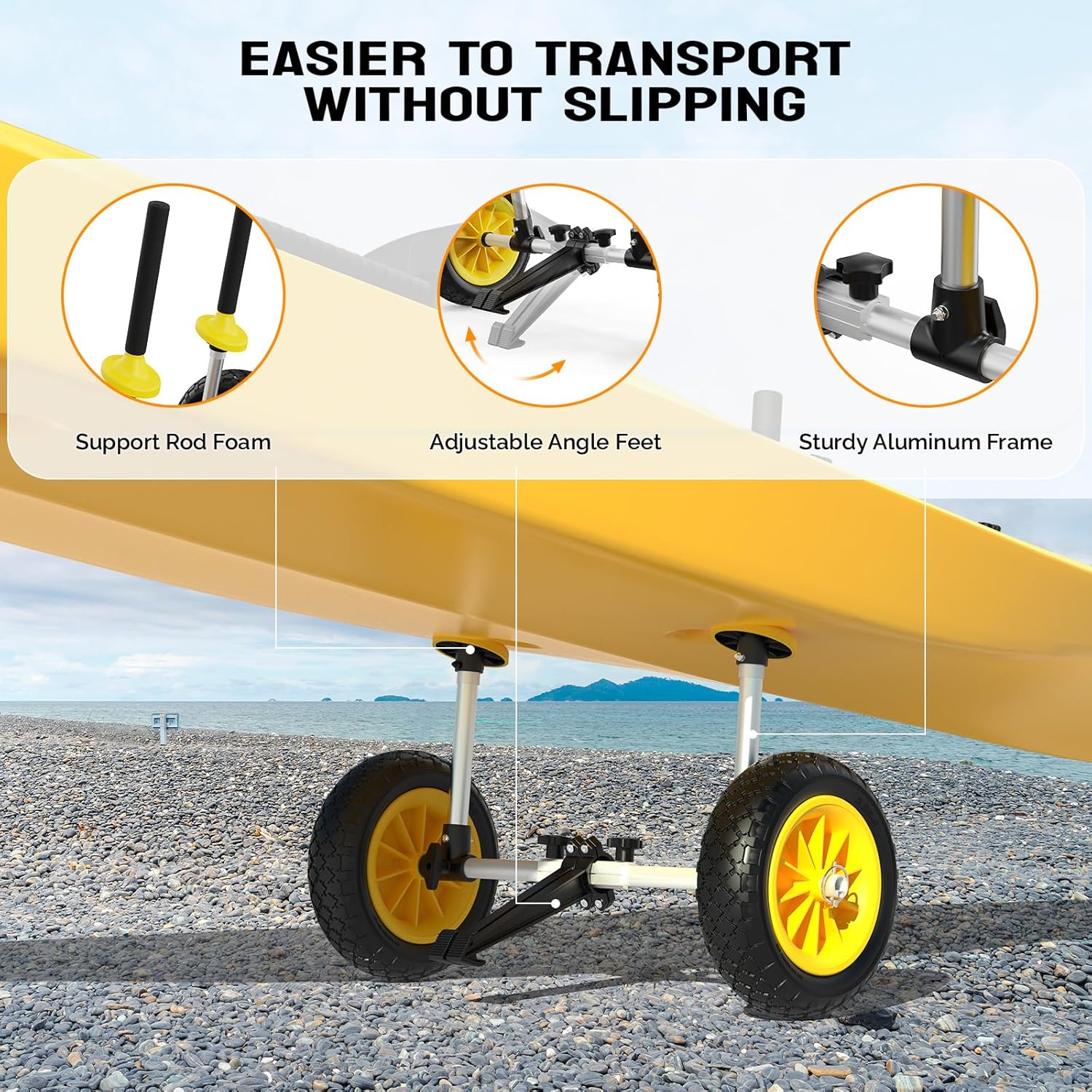 HJTER Kayak Cart with 10in Kayak Wheels, 7.1"-17.1" Adjustable Width, Detachable Kayak Dolly with Adjustable Angle Kickstand, Strap Free Kayak Trolley for Sit on Top Kayaks