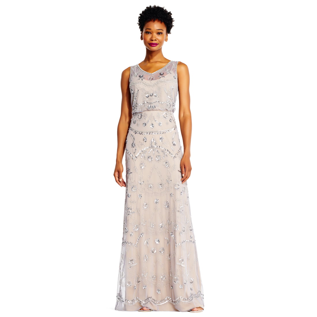 2, Ivory Adrianna Papell Women's Embroidered Plunge Ruffle Gown 