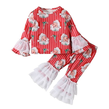 

Uvwlwu Christmas Outfits for Baby Girls Long Sleeve Striped Santa Prints Tops Lace Bell Bottoms Pants Outfits Christmas Gifts(Size:12-18 Months)