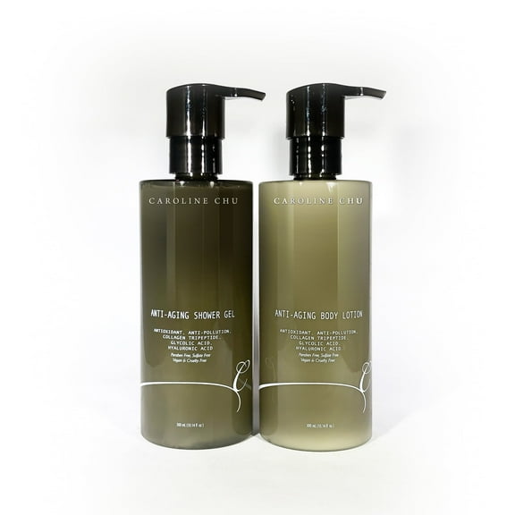 Caroline Chu Anti-Aging Shower Gel & Body Lotion Duo -Antioxidant, Anti-Pollution, Collagen Tripeptide, Glycolic Acid, Hyaluronic Acid