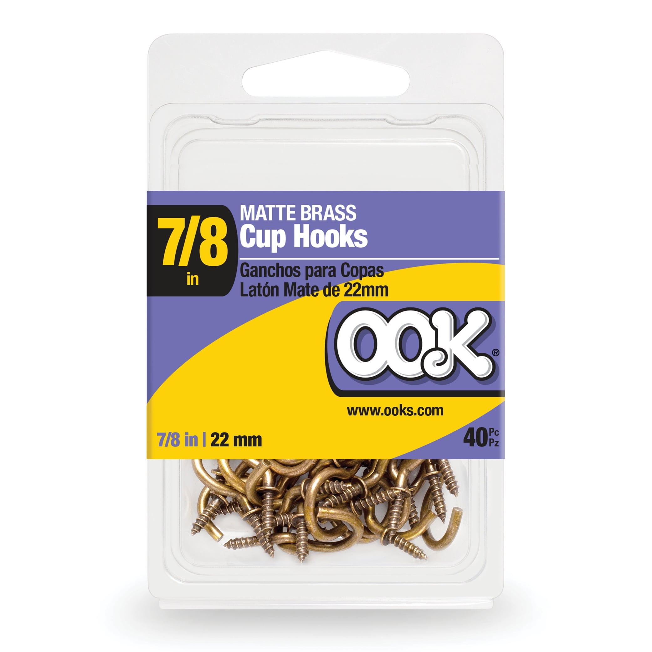 OOK Matte Brass Vinyl Cup Hooks, 7/8", Screw-in Cup Hooks, 40 Pieces