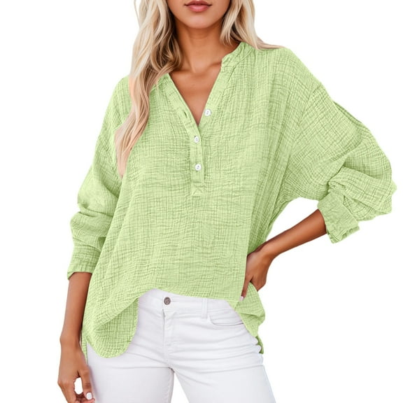LIUJUNSHOP Womens Casual Button V Neck Long Sleeve Shirts Oversized Solid Blouses Tops
