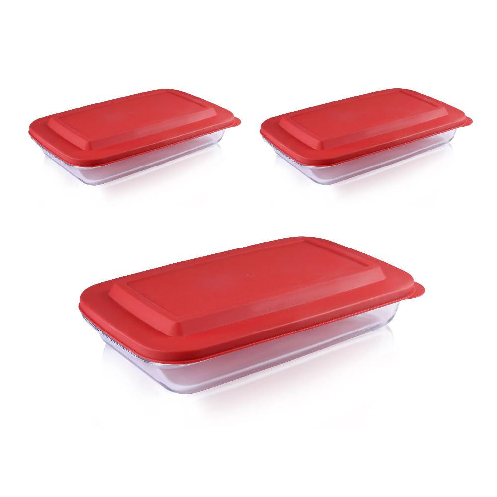 Pyrex Basics 3 and 4.8 Quart Glass Oblong Baking Dish with Red Plastic Lid 