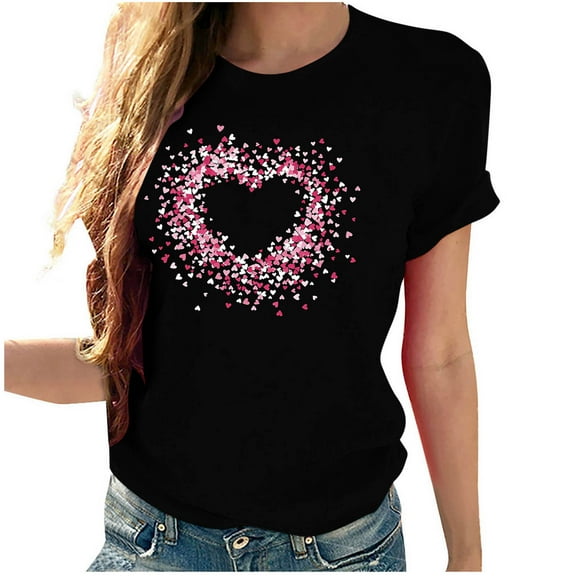 LIBRCLO Womens Shirts for Valentine Printed Fashion Short Sleeve Round Neck T-Shirt, Casual Holiday Spring Top
