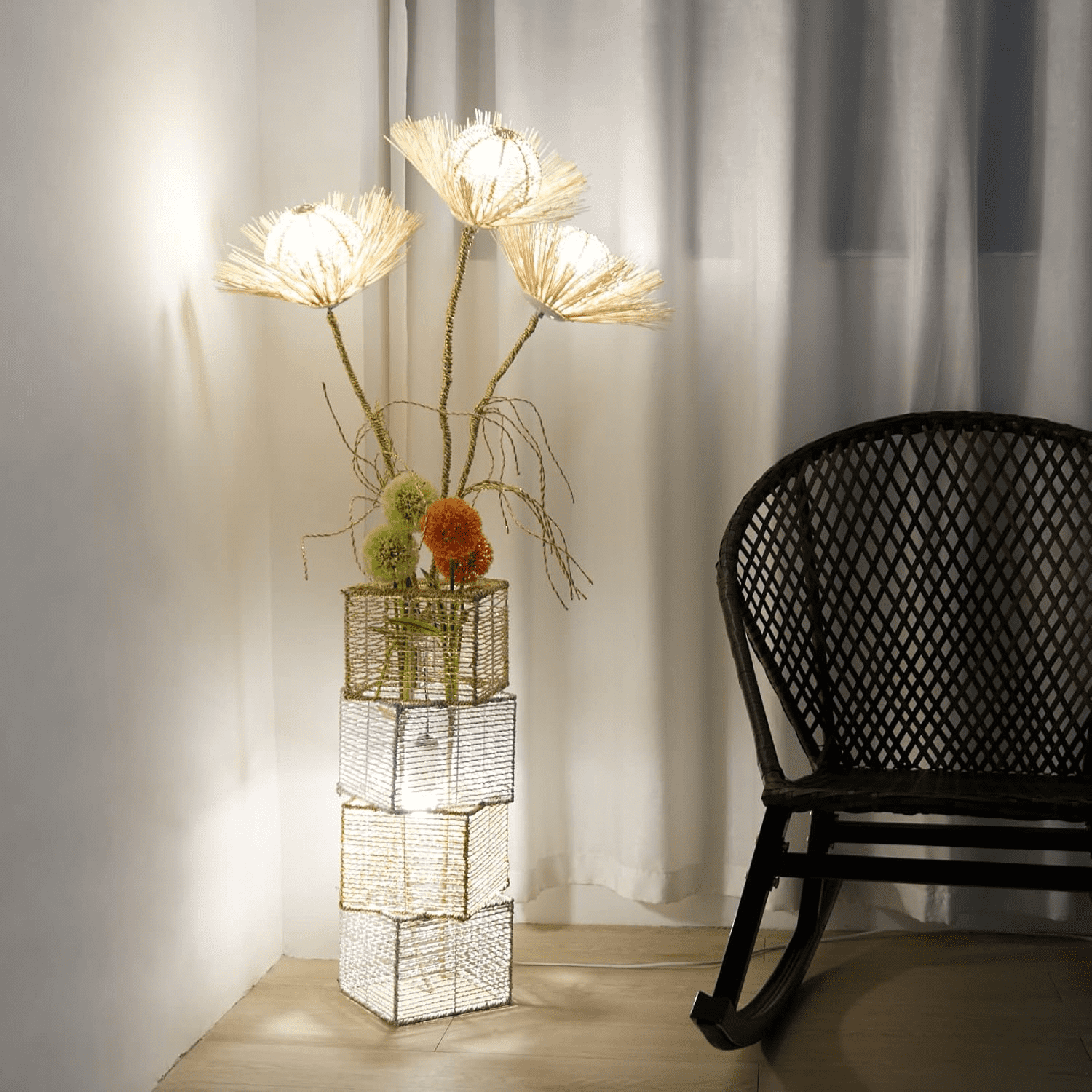 LUVODI Modern Decorative Rattan Floor Lamp Pastoral Hand-Woven Flower Night Light for Reading Living Room