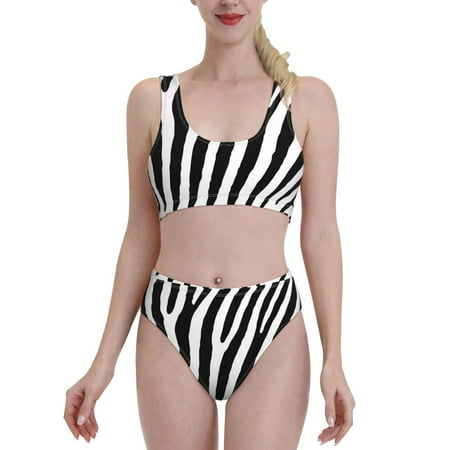 Bixox Zebra Pattern Two-Piece Sports Bikini with U-Shaped Top and High-Waist Bottom - Women s Swimwear with Removable Bra Pads