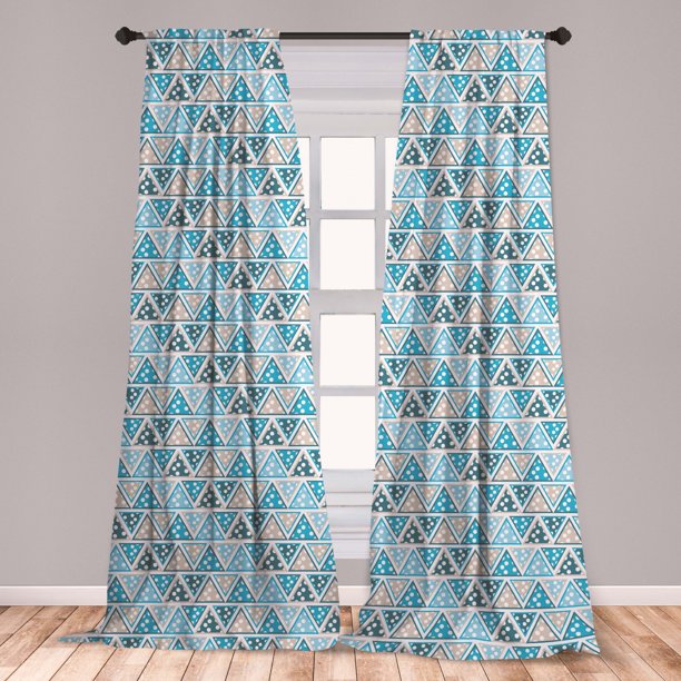Triangle Curtains 2 Panels Set, Blue Toned Composition of Geometric