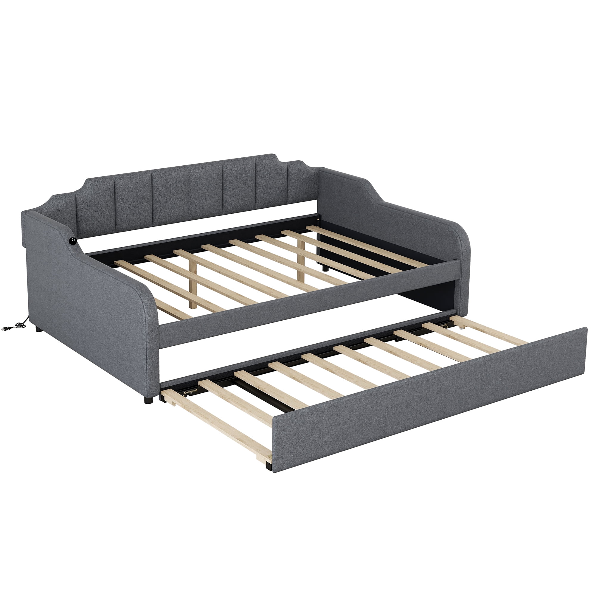 Euroco Full Size Daybed with Trundle, Upholstered with Padded Back for Kids, Gray