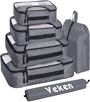 Veken 6 Pieces Packing Cubes for Travel Dark Blue Luggage Organizers with Laundry Bag & Shoe Bag 