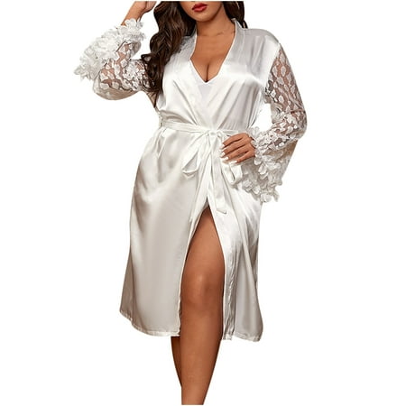 

Satin Robes for Women Sexy Lace Long Sleeve Bridesmaids Silky Bathrobes Sleepwear Dressing Gown Nightgown Plus Size
