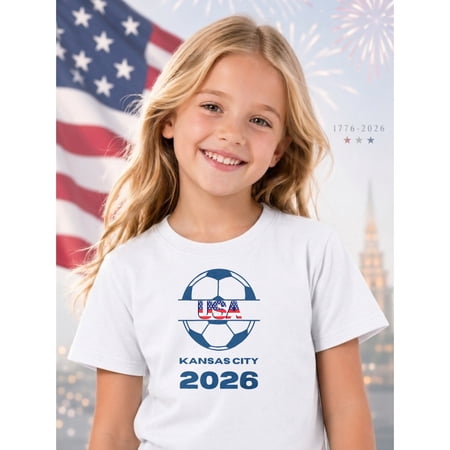 MAWOTEA Usa Soccer Ball Kansas City 2026 T Shirt For Kids, Ideal Gift for Birthday, Size 3-13Y