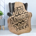 thumbnail image 4 of Live Laugh Love Soft Flannel Fleece Blanket, Black Alphabet Stamps on Aged Grungy Looking Backdrop Vintage Print, Cozy Plush for Indoor and Outdoor Use, 60" x 80", Black Pale Brown, by Ambesonne, 4 of 5