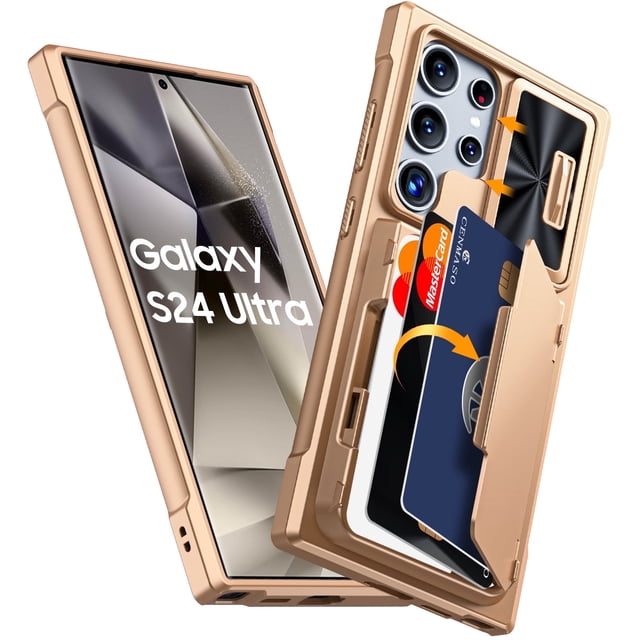 Oupeigar para Samsung Galaxy S24 Ultra Funda de Teléfono, con Soporte para Tarjetas RFID (Almacena 4 Tarjetas) y Cubierta de Cámara y Soporte, Funda de Silicona a Prueba de Golpes - Dorado