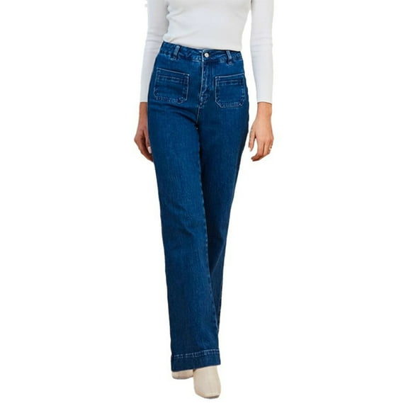 Women's High Waisted Jeans Trendy Solid Color Wide Leg Jeans Denim Pants with Pocket Blue S