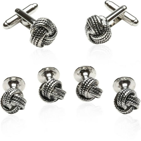 Emerald Stud Cufflinks - Classic Woven Silver Knot Cufflink and Stud Set