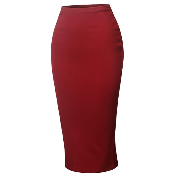 FashionOutfit Women's High Waist Basic Pencil Stretch Span Midi Length Back-Slit Back Skirt