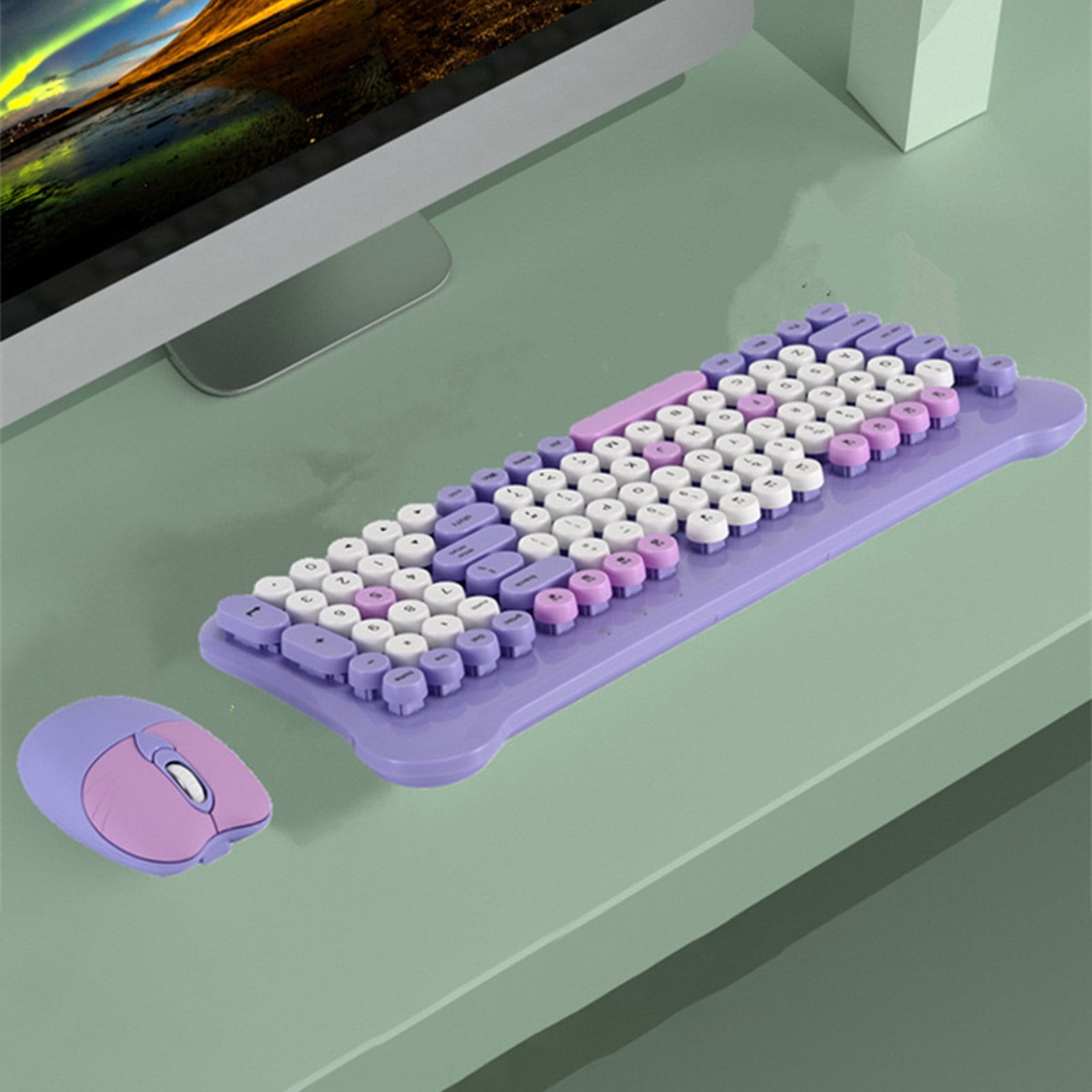 Retro Wireless Keyboard and Mouse Combo, Purple Round Keycaps, Silent Keys, 2.4G, Power Saving, for PC Laptop, Plug & Play, Batteries Included
