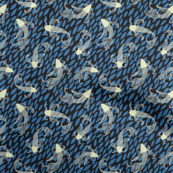 oneOoneRayonMediumBlueFabricAsianJapaneseKoiFishCraftProjectsDecorFabricPrintedByTheYard56InchWide