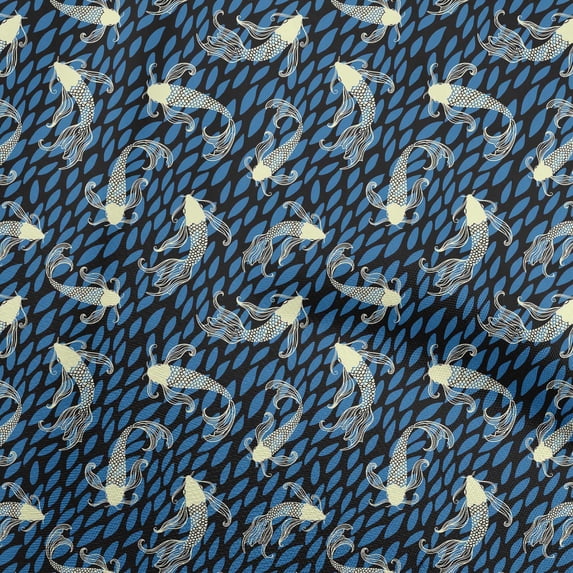 oneOoneCottonCambricMediumBlueFabricAsianJapaneseKoiFishSewingFabricByTheYardPrintedDiyClothingSewingSupplies56InchWide