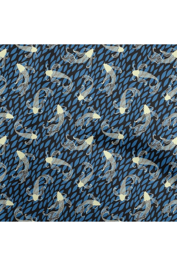 ViscoseChiffonMediumBlueFabricAsianJapaneseKoiFishCraftProjectsDecorFabricPrintedByTheYard42InchWide