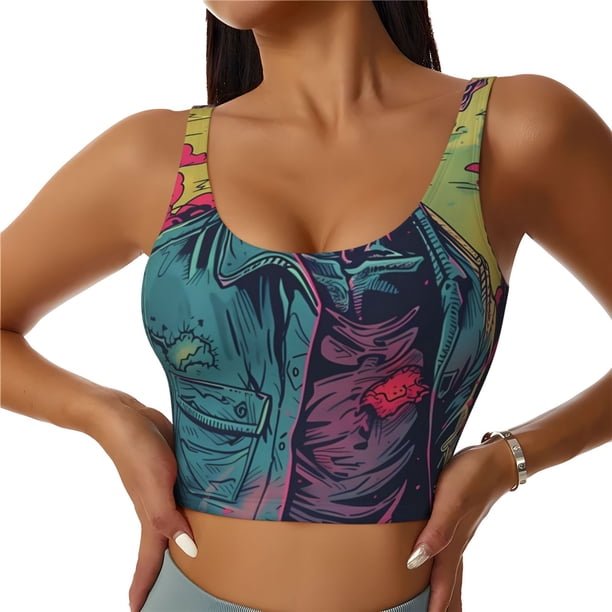 Balery Neon Zombie Skull Sujetadores deportivos con espalda cruzada para mujer, acolchados, sin costuras, de alto impacto, ideales para yoga, gimnasio, entrenamiento y fitness.-XX-Large
