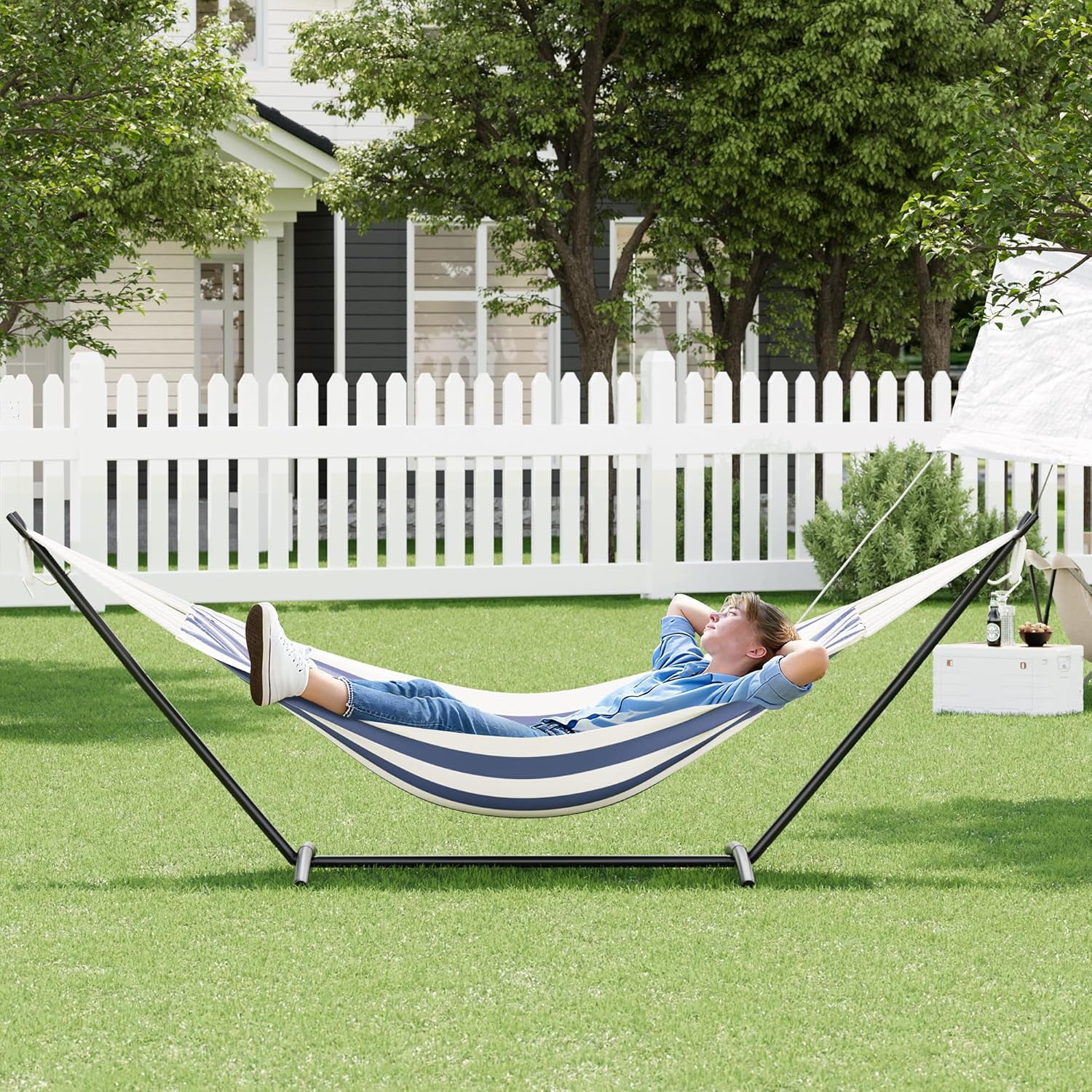 Double Hammock with Foldable Steel Stand and Carrying Bag, Portable Freestanding Hammock for Indoor & Outdoor Use, 450 lbs Capacity, Ideal for Garden, Patio, Camping, Beach, Blue