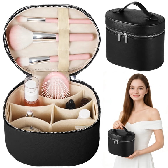 Travel Makeup Bag for Women, Large Capacity Cosmetic Organizer with Removable Liner, Waterproof PU Leather Toiletry Bag, Portable Cosmetic Case for Skincare Brushes Accessories