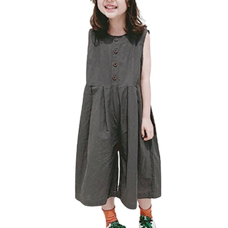 

Chaoren Kids Romper Button Half Placket Loose Casual Sleeveless Wide Leg Jumpsuit for Hiking