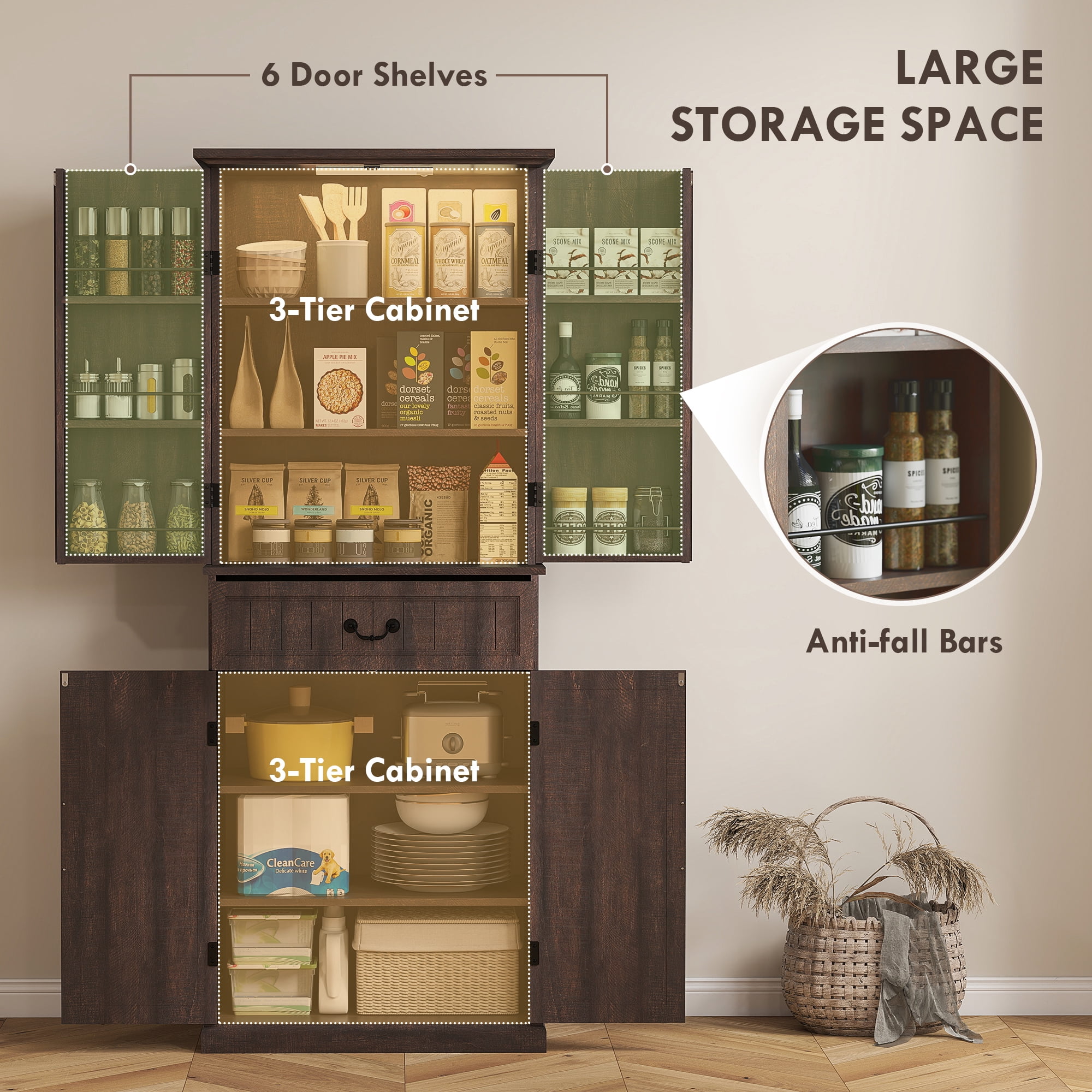 HOMCOM Farmhouse Kitchen Pantry Cabinet with Light, Storage Cabinet, Brown