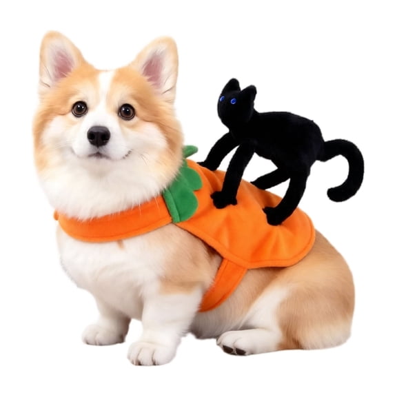 Halloween Pumpkin Dog Vest Costume, with Black Cat Decor, Funny Pet Harness Outfit, Party Cosplay Apparel, Soft Fleece for Small Medium Dogs Puppies Cats Kitten