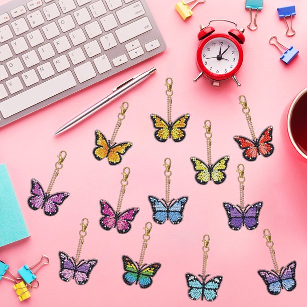 Cuadros Decorativos 12 Uds. De llaveros de arte con diamantes, adornos colgantes, 5D DIY, bolsa de mariposa, regalos colgantes Wdftyju embutido en tela