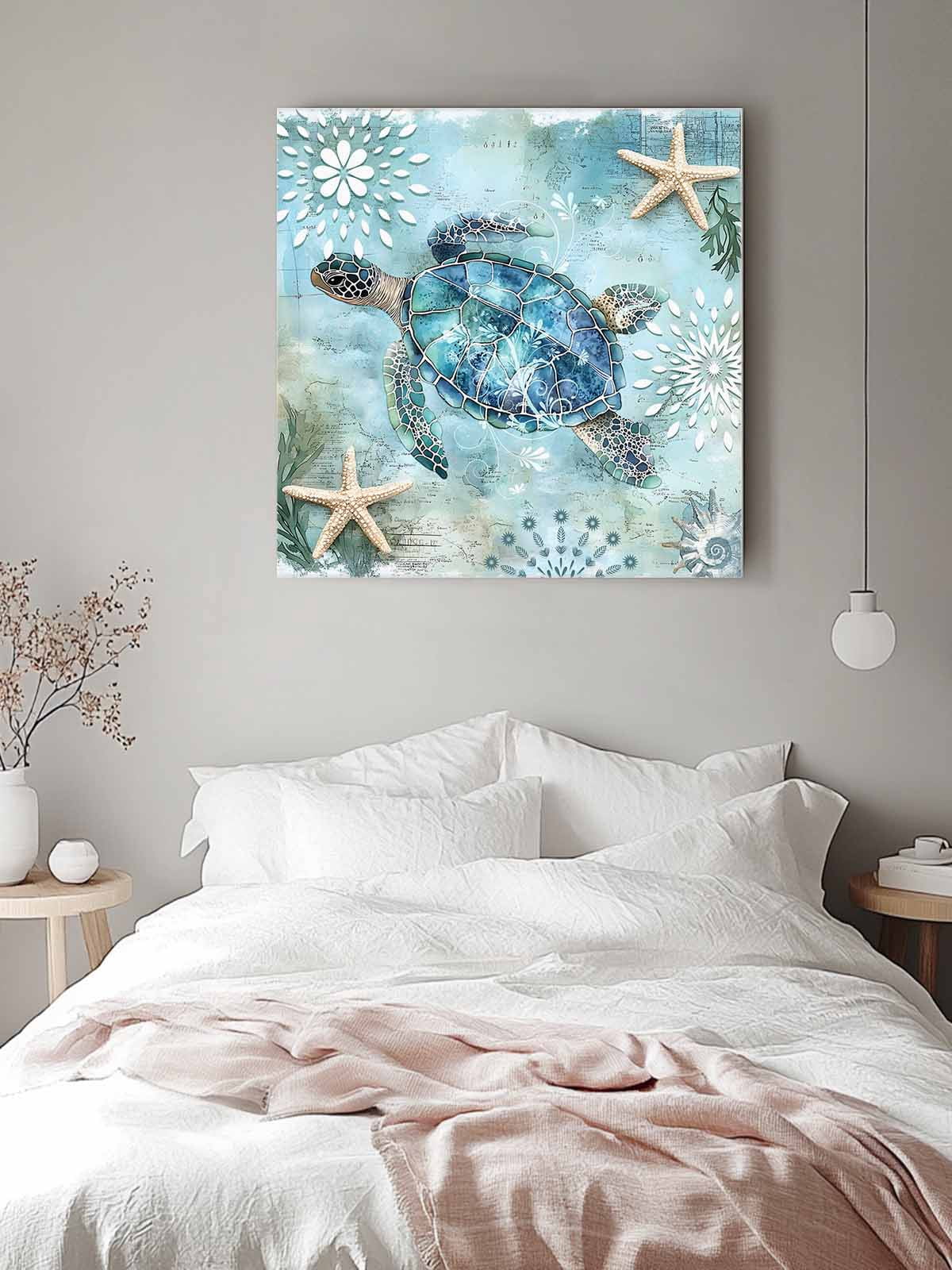 Ocean Sea Canvas Wall Art, Turtle Starfish Undersea Nautical Vintage Blue Framed Wall Decor Modern Artwork Prints Painting for Living Room, Bedroom, Kitchen & Cafe Decor 16x16 Inch