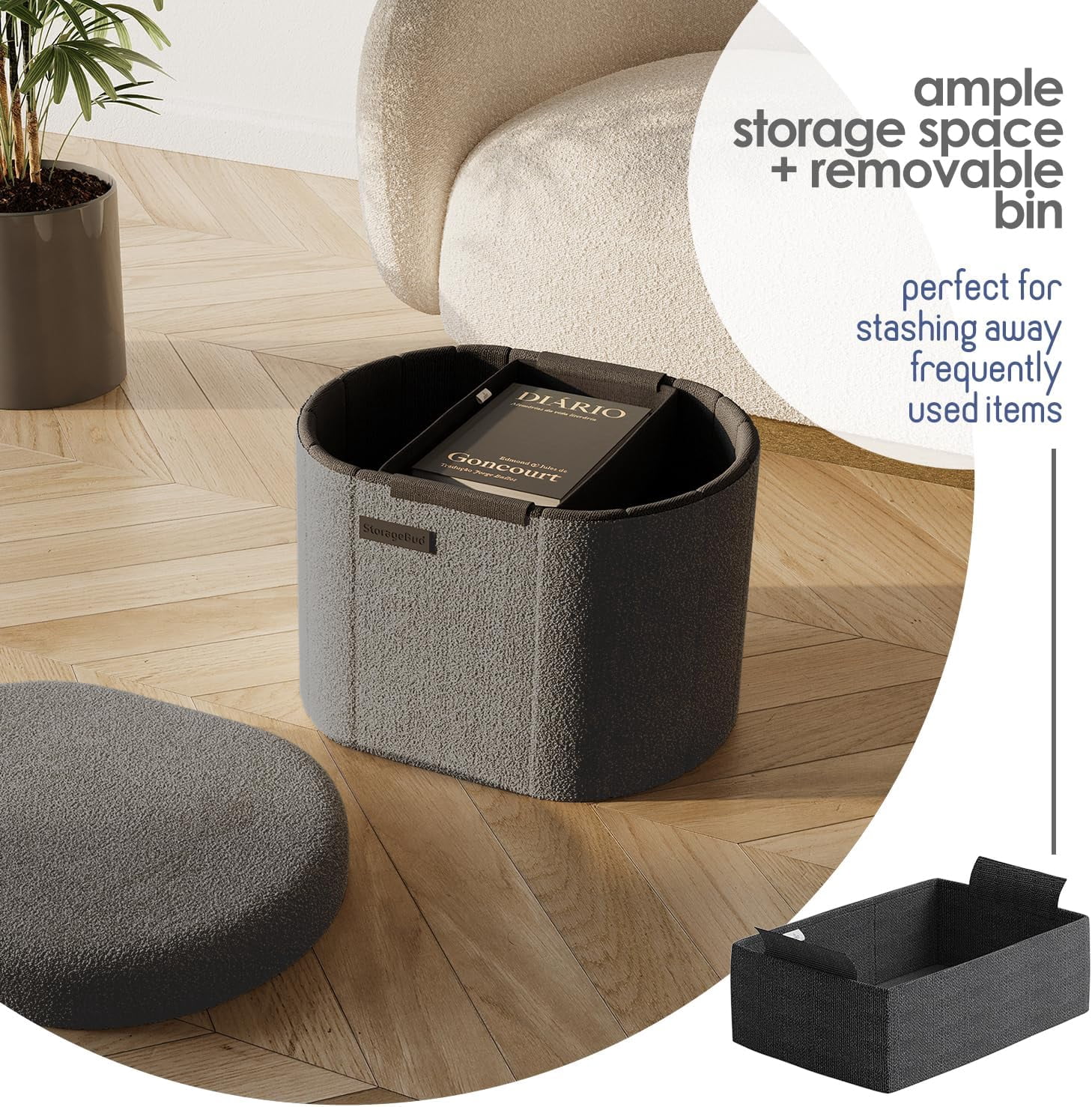 Round Ottoman with Storage for Living Room, 18 Inch Storage Ottoman, Small Ottomans Foot , Boucle Foot Stool Ottomans  330lbs,
