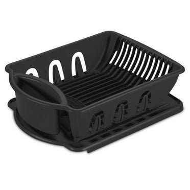 Tribello Sink Dish Drying Rack, Heavy Duty Hard Plastic Drying Rack, Dish Drainer for Kitchen Counter with Drainboard Set, with Silverware Holder - 18 x 13 x 6 (Black) - Made in USA