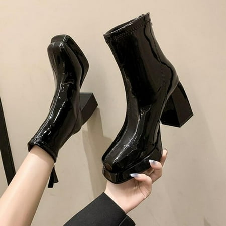 

TALKVE Women Ankle Boots Autumn And Winter Solid Color Fashion Square Toe Back Zipper Comfortable Square Heel