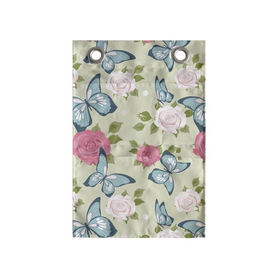 Insects Hanging Pocket Organizer, Repeating Romantic Pattern with Roses and Butterflies Spring, Printed Polyester Storage Bag with Pockets, 14" x 20", Pastel Green Multicolor