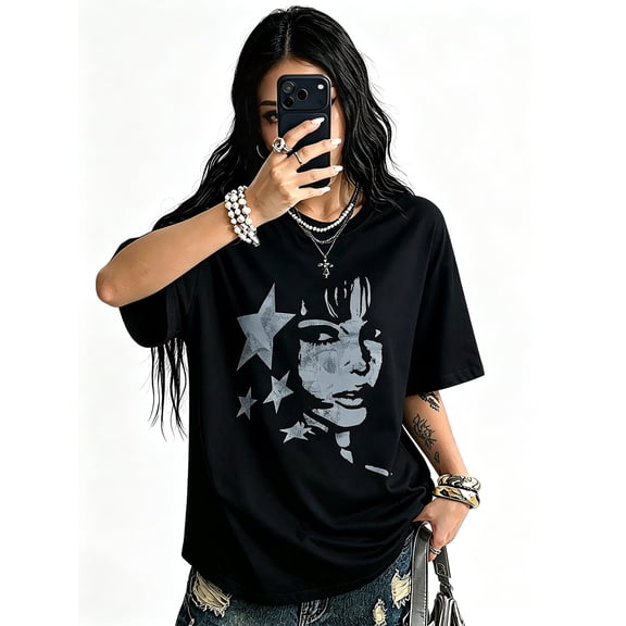 Women's Oversized Black T-Shirt with Vintage Face and Stars Graphic, Loose Fit Grunge Streetwear Tee Top