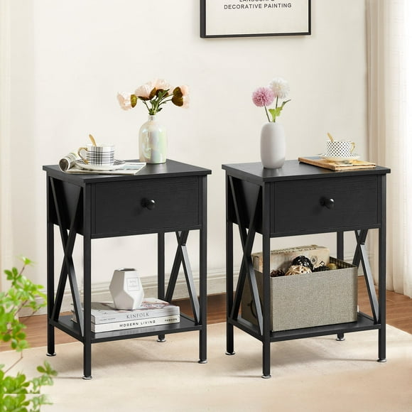 VECELO Set of 2 Nightstand with 1-Drawer and Shelf, Modern X-Design Side End Table for Living Room Bedroom, Black