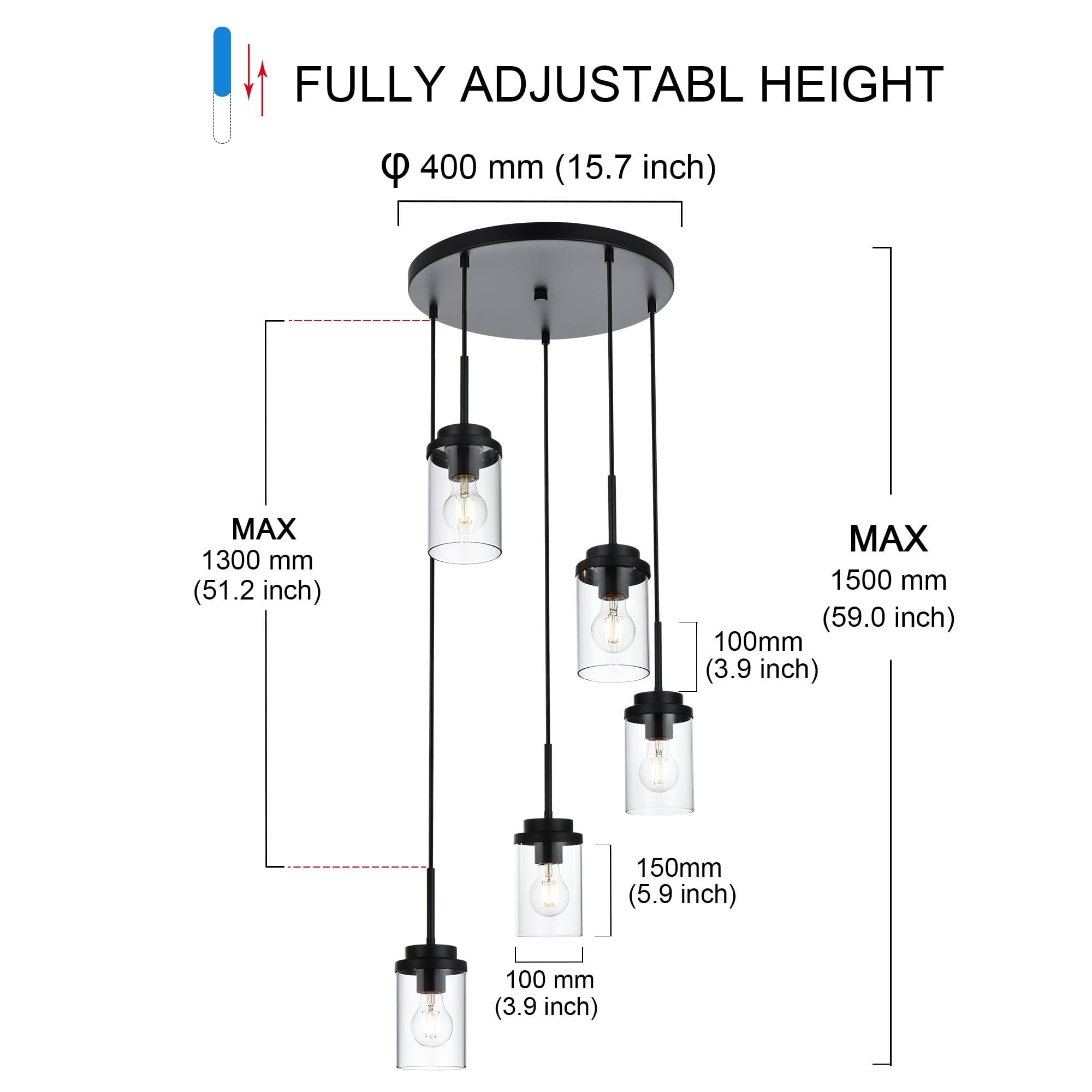 MELUCEE 5-Light Pendant Light Fixtures Ceiling Hanging Cluster Chandelier Black with Clear Glass Shade