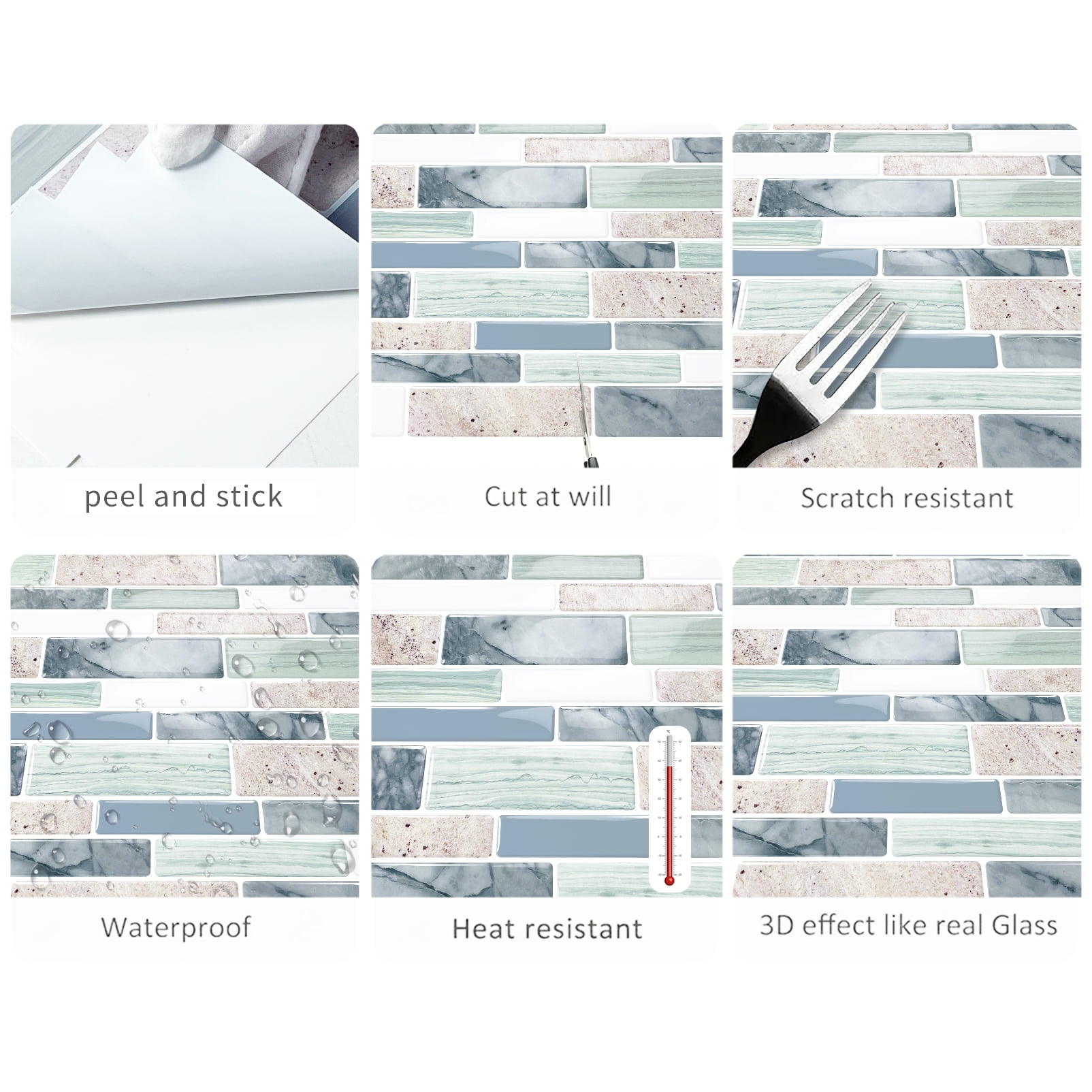 DEWOO 10-Sheet Peel and Stick Kitchen Backsplash Tiles, 12"x12" Self-Adhesive Marble Multicolor Wall Tiles for Kitchen and Bathroom(Multicolor Marble)