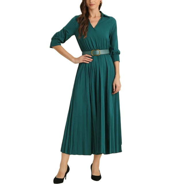 Vestido Maxi con Pliegues de Manga 3/4 para Mujer INSPIRE CHIC, Cuello en V, Cinturón, Color Verde Oscuro