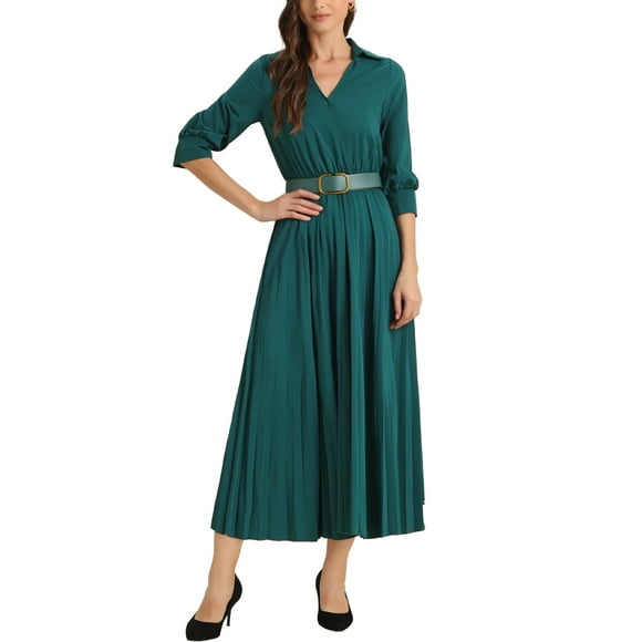INSPIRE CHIC Women's Dress Pleated 3/4 Sleeves Collared V Neck Belted Maxi Dresses XS Dark Green