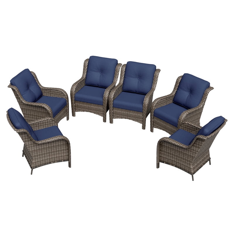 Meetleisure 6 Piece Wicker Patio Furniture Set, Rattan Chairs with High Back, Deep Seating, Wide Armrest, Thick Cushions for Deck Porch, Dark Blue