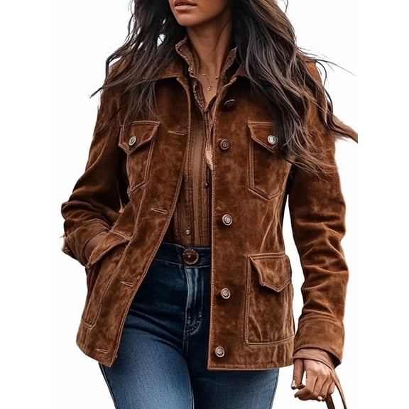 Womens Jackets Up Snap Buttons Parka Utility Coats Outwear with Pocket Brown M
