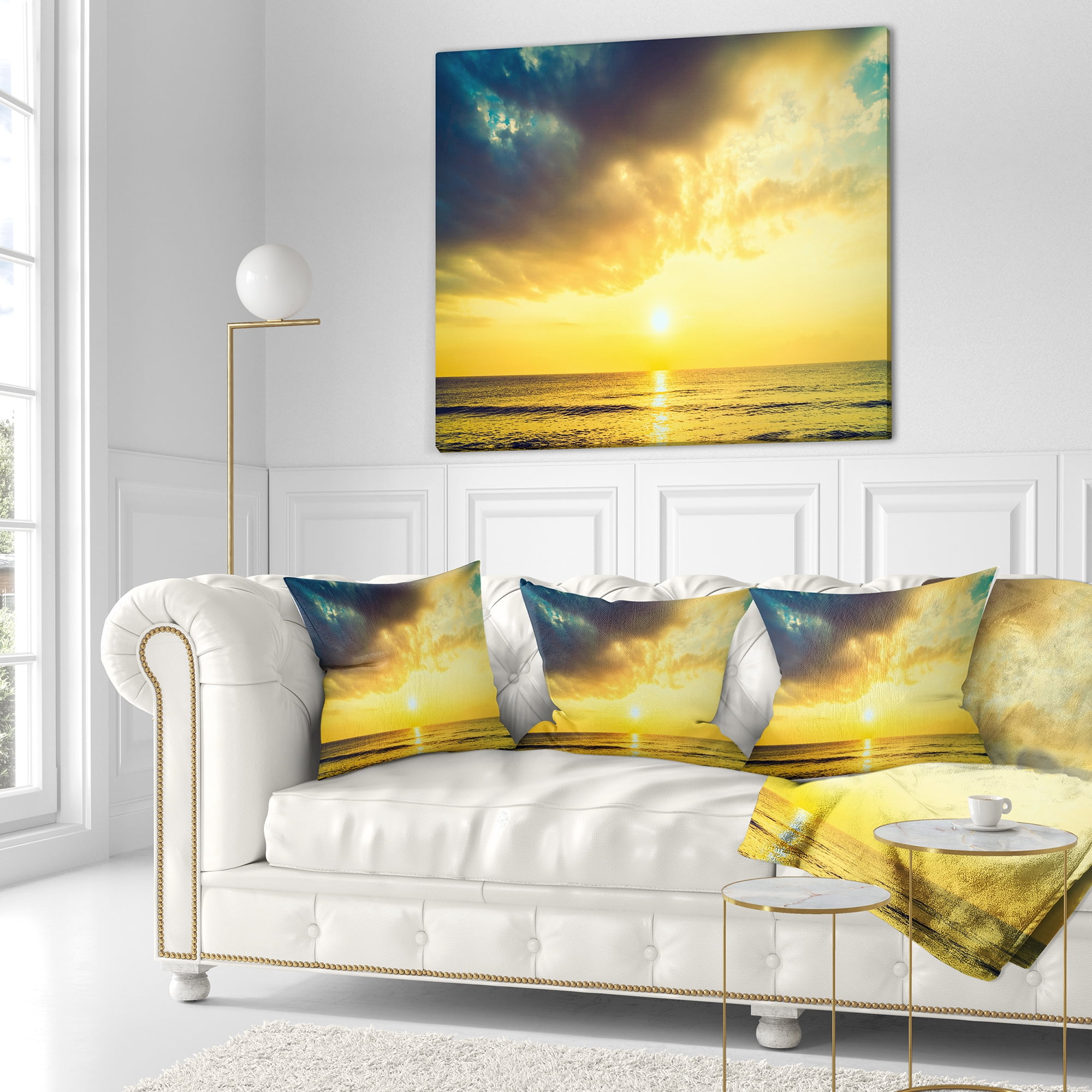 Designart Yellowish Sky over Serene Seashore - Seascape Throw Pillow - 16x16